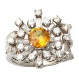 40's Assymetric Platinum Diamond & Yellow Sapphire Ring