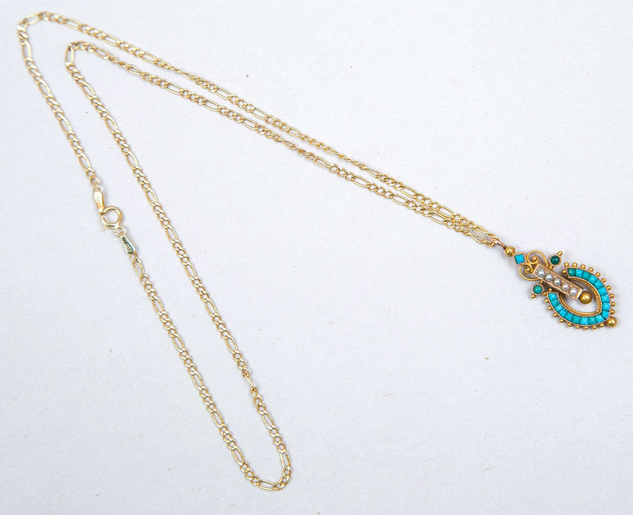 Turquoise and seed pearls pendant Victorian 18K gold Victorian pendant- 14K chain, unique.