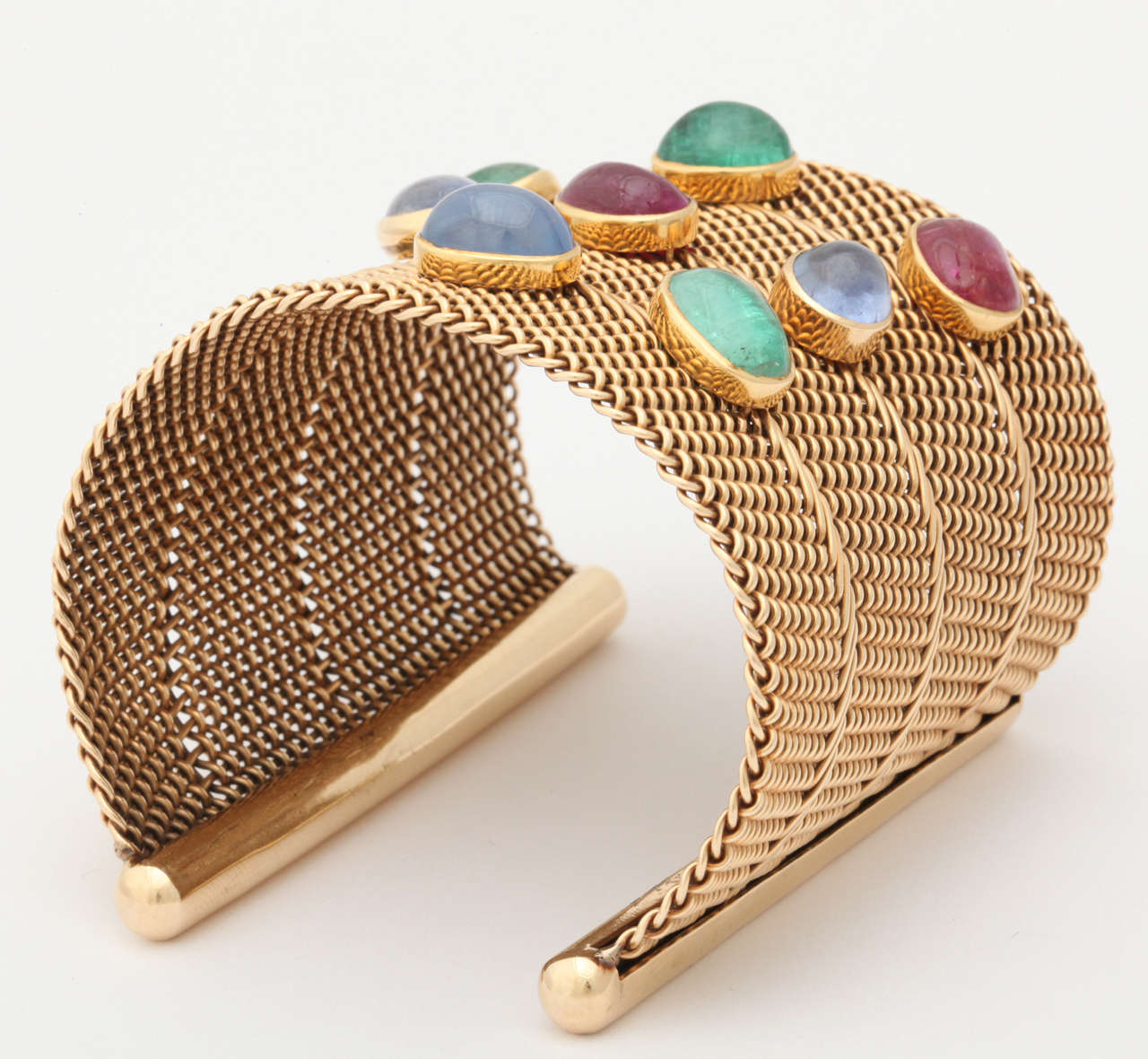 Women's 1950s Cabochon Ruby Sapphire Emerald Gold Large Open Cuff Mesh Bracelet