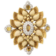 1970s Cartier Yellow Enamel Citrine Diamond Gold Floral Pendant