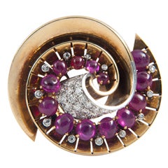 Cabochon Ruby Diamond Gold Double Pin Brooch
