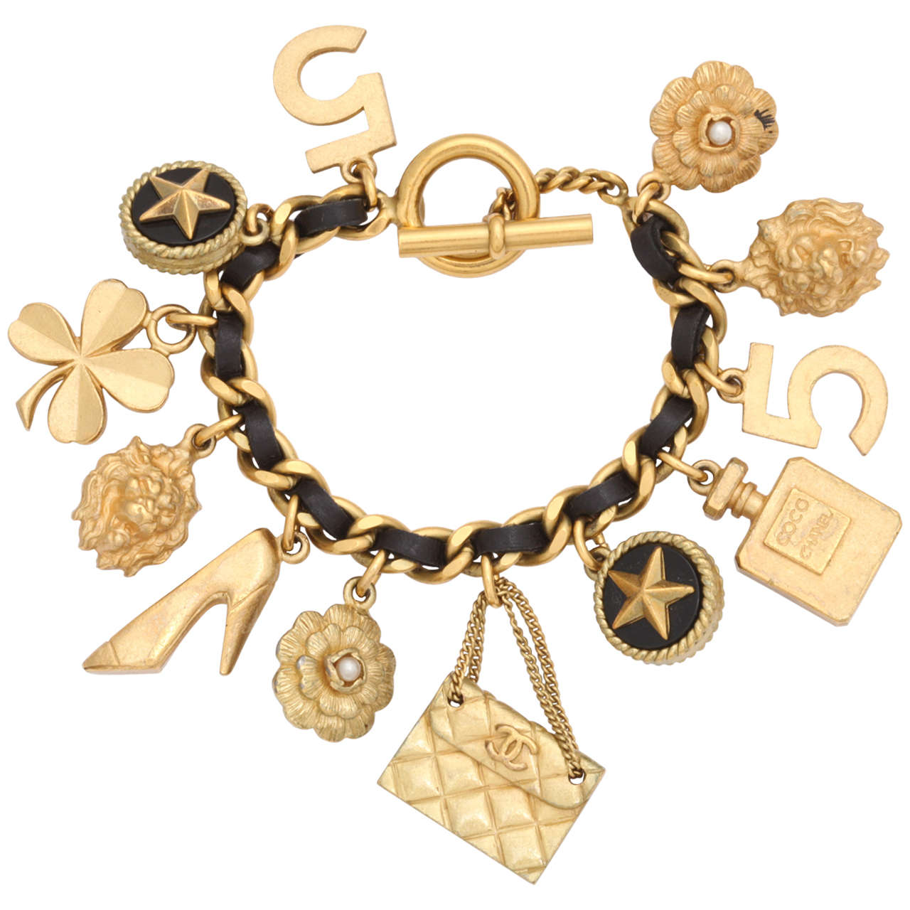 Vintage Chanel Iconic Charm Bracelet with Black Leather/Gold Chain
