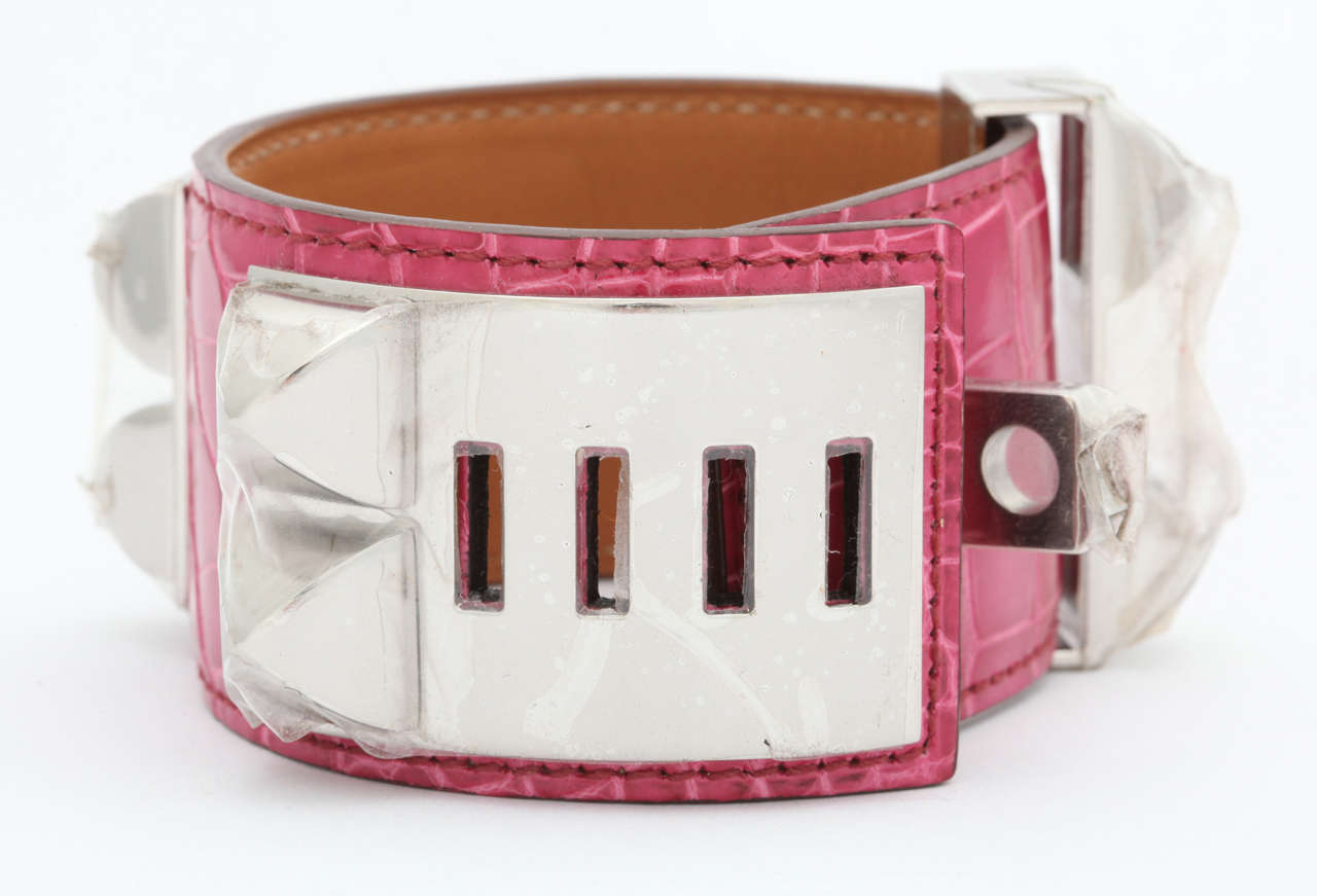 Women's Hermes Collier De Chien Alligator Crocodile Bangle Bracelet Fuchsia Pink