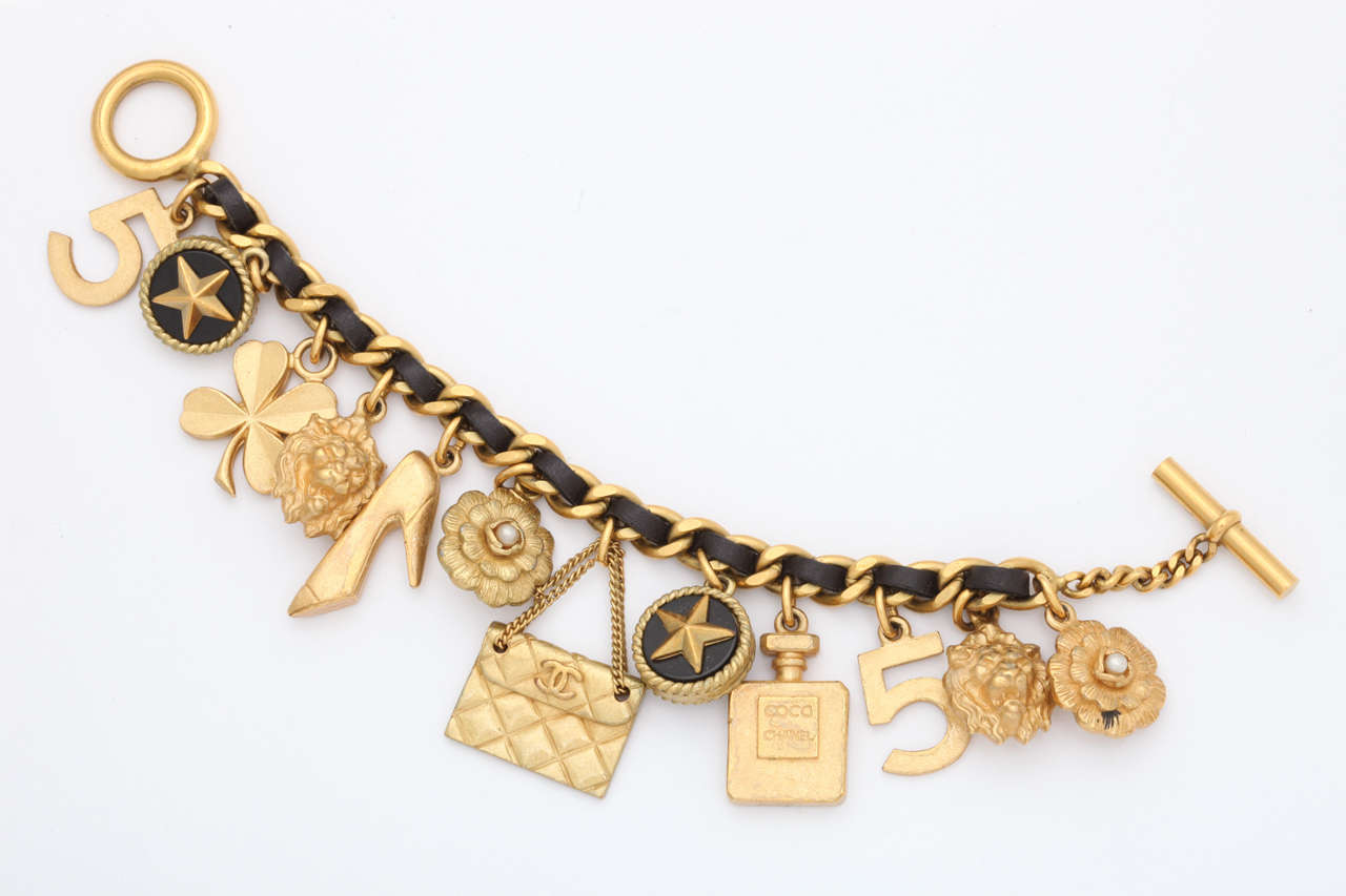 Vintage Chanel Iconic Charm Bracelet with Black Leather/Gold Chain at