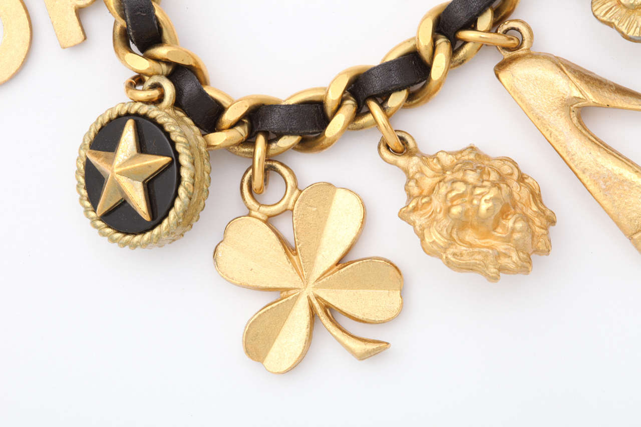 Vintage Chanel Iconic Charm Bracelet with Black Leather/Gold Chain at