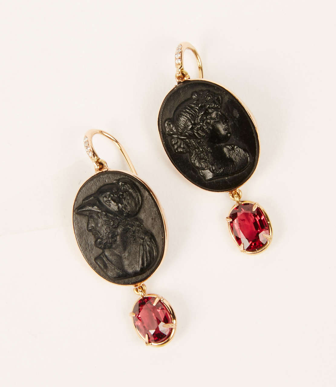 Women's Earrings with Antique Black Cameos and Spinels