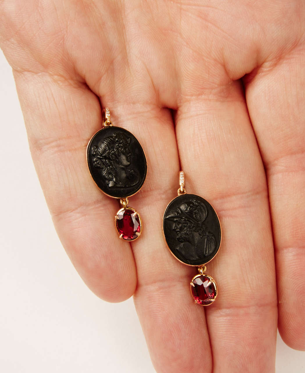 Earrings with Antique Black Cameos and Spinels 2