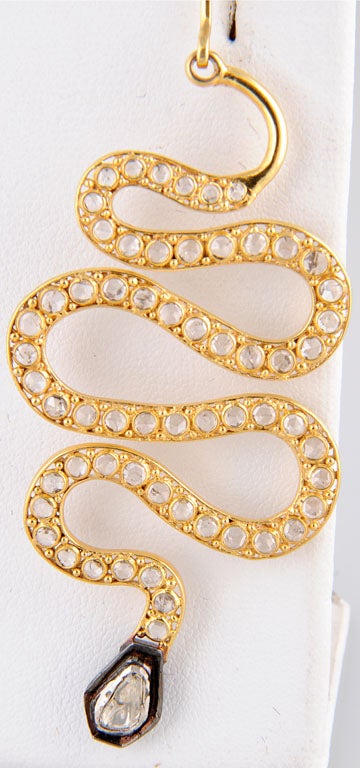 Women's Long Dangling Diamond Silver and Gold Snake Earrings over 11 carats