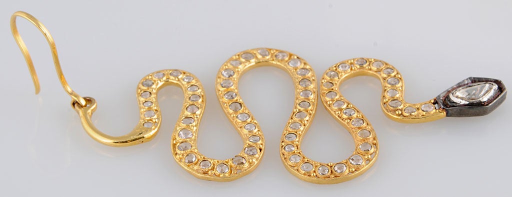 Long Dangling Diamond Silver and Gold Snake Earrings over 11 carats 2