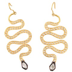 Long Dangling Diamond Silver and Gold Snake Earrings over 11 carats