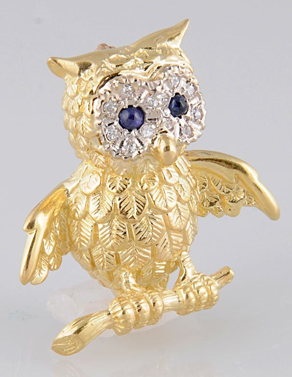 Adorable Gold Owl On Branch Brooch In Excellent Condition In Miami Beach, FL