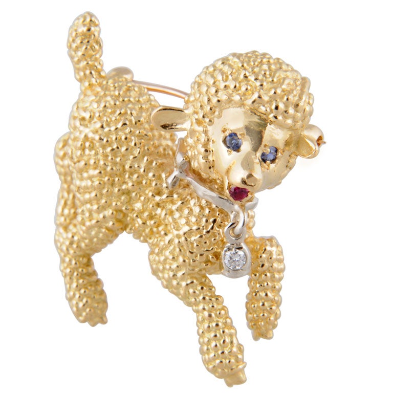 Whimsical Lamb Sheep Diamond Sapphire and Ruby Yellow Gold Figural Brooch Pin