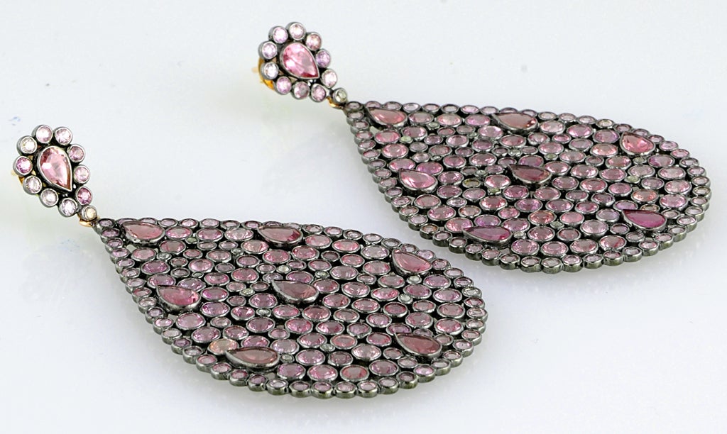 Impressive Large Pink Sapphire & Diamond Dangling  Earrings 2