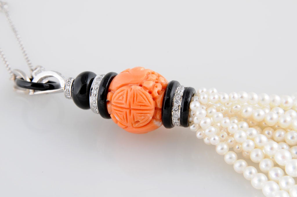 Art Deco Style Coral, Onyx, Diamond and Pearl White Gold Tassel Necklace 1