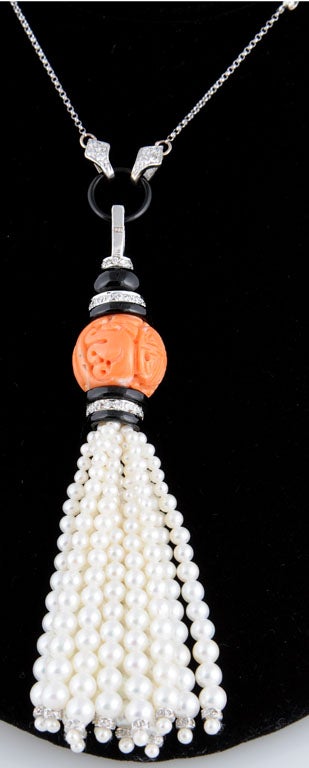 Art Deco Style Coral, Onyx, Diamond and Pearl White Gold Tassel Necklace 3