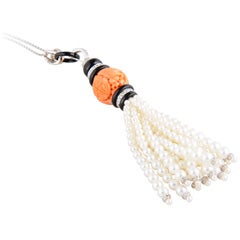 Art Deco Style Coral, Onyx, Diamond & Pearl White Gold Tassel Necklace 2