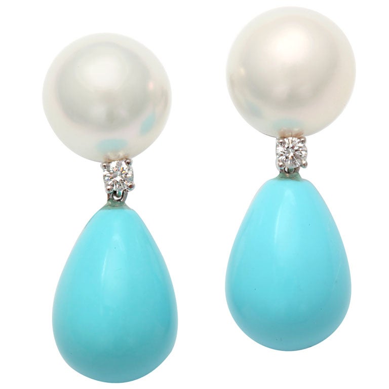 Pearl, Diamond and Turquoise drop earrings