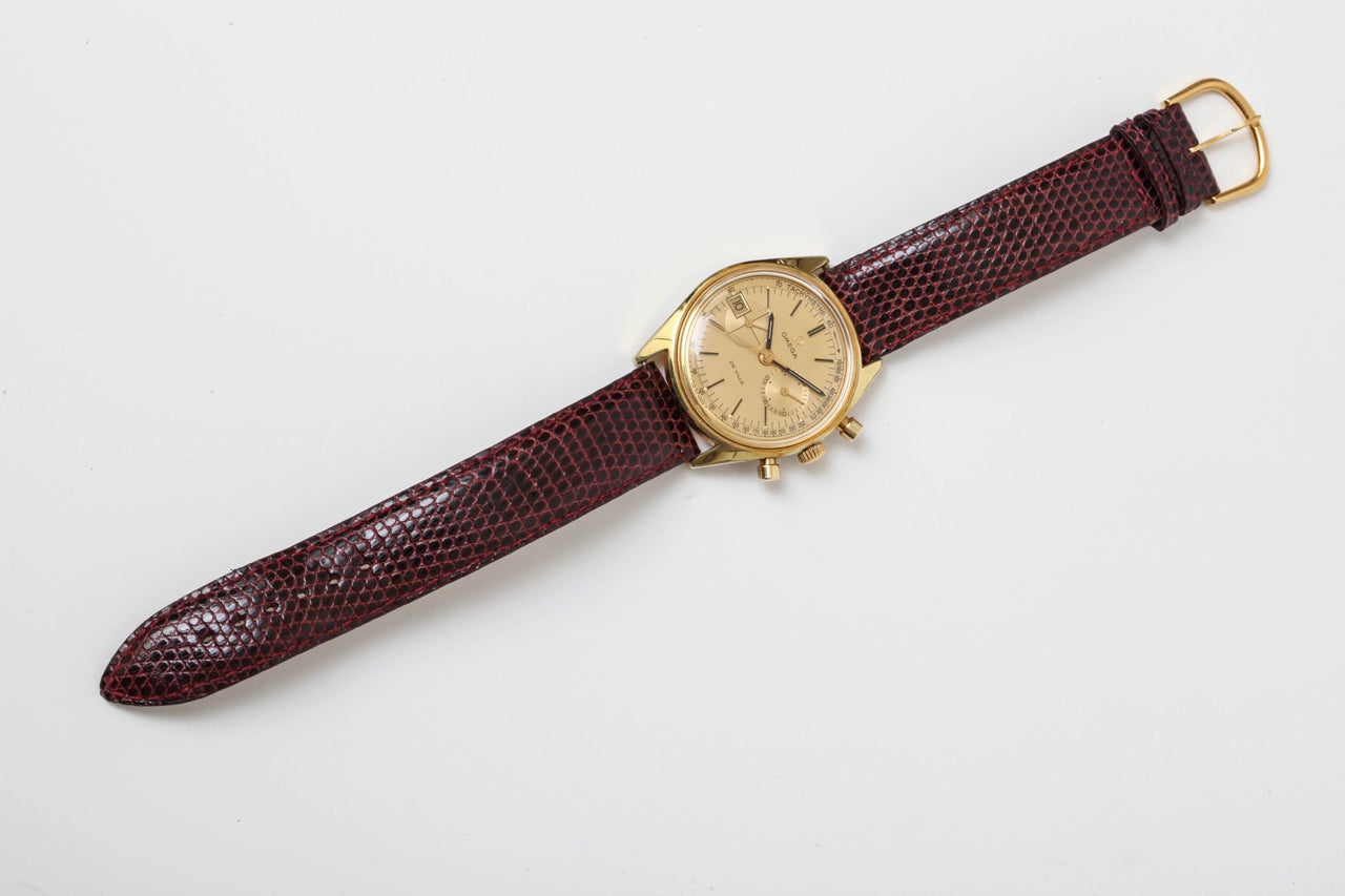 A fabulous and rare 14k gold plated Omega De Ville Chronograph from 1969. This exceptional watch is a wonderful example of all things good about the Omega watch company. This watch is in excellent original condition with a lovely gilt dial, Omega