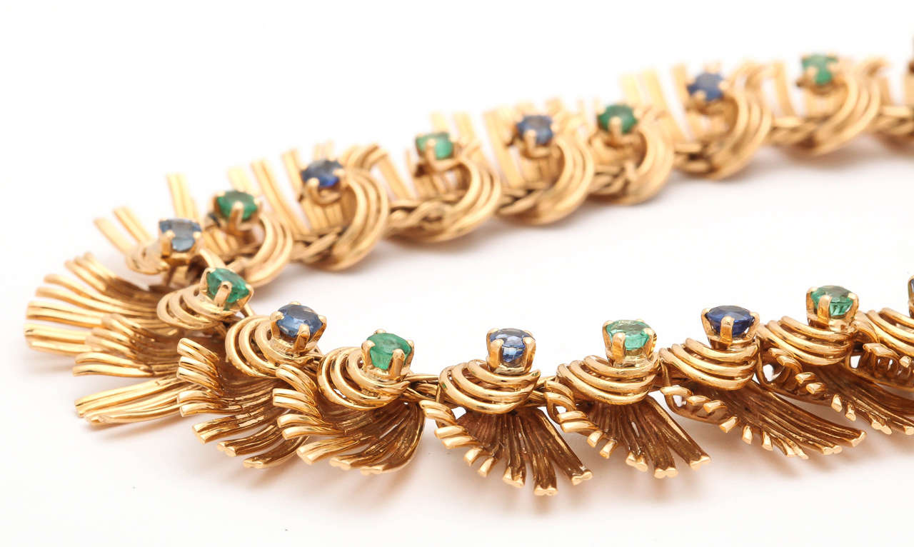 1940s French Sapphire Emerald Gold Link Necklace For Sale 5