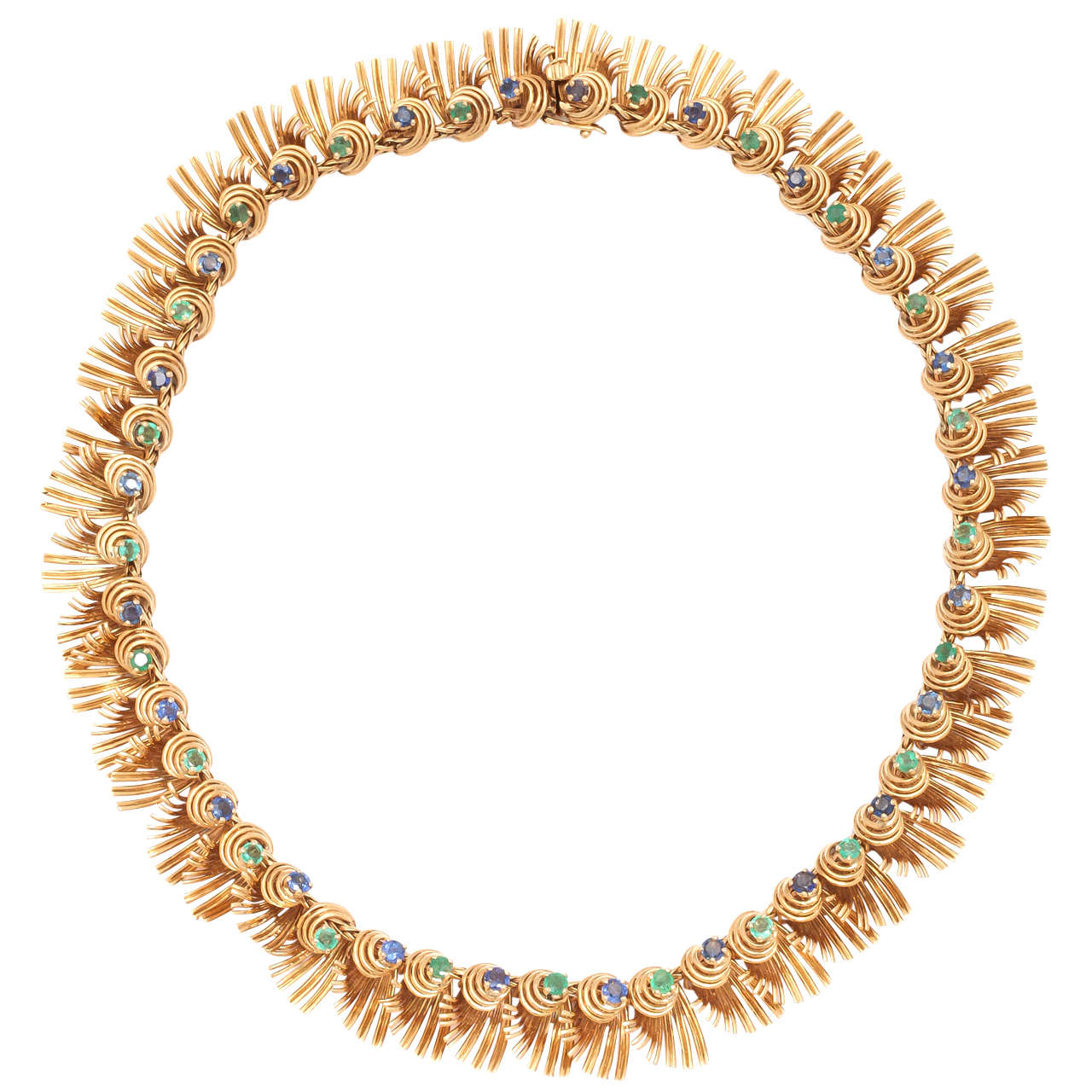 1940s French Sapphire Emerald Gold Link Necklace For Sale