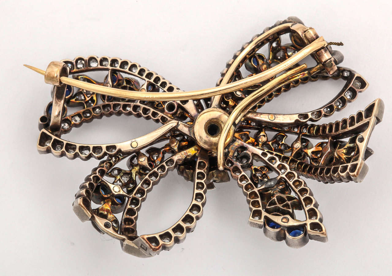 Women's 19th Century Diamond Sapphire  Bow Pin For Sale