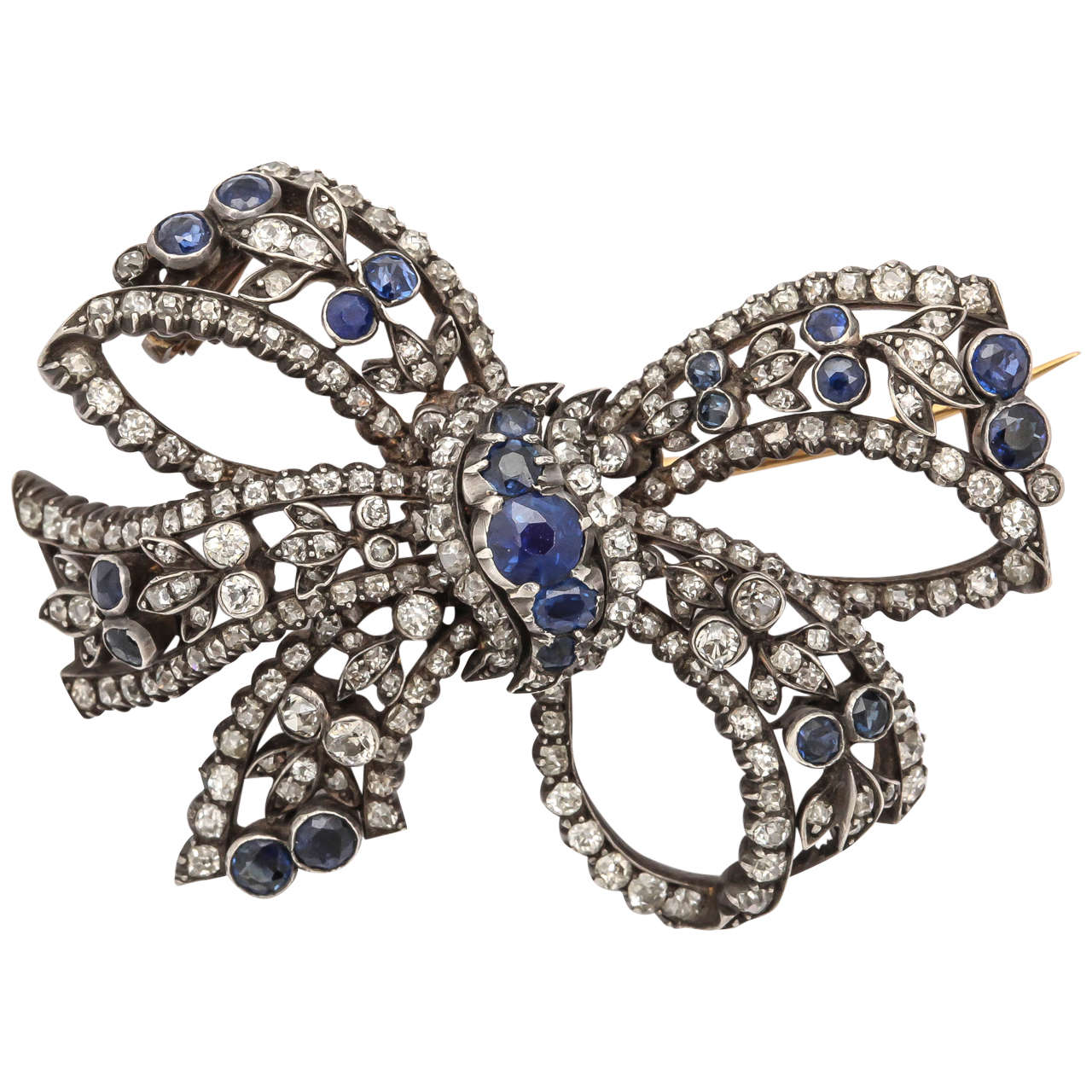 19th Century Diamond Sapphire  Bow Pin For Sale