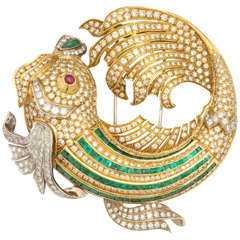 Demner Dramatic Emerald Ruby Diamond Gold Fish Brooch