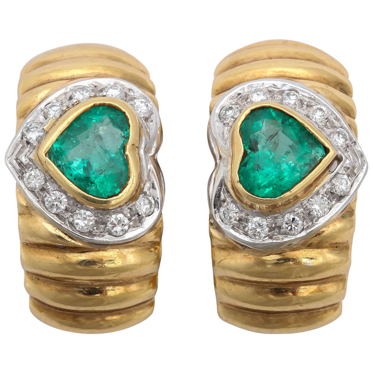Emerald Gold Ridged Hoop Earrings For Sale