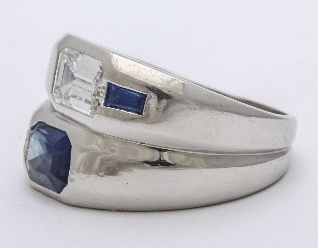 Asscher Cut Art Deco Diamond  Sapphire Double Platinum  Band For Sale