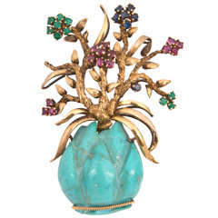 1950
s Brooche rubies, emeralds, and sapphires. Large Turquoise