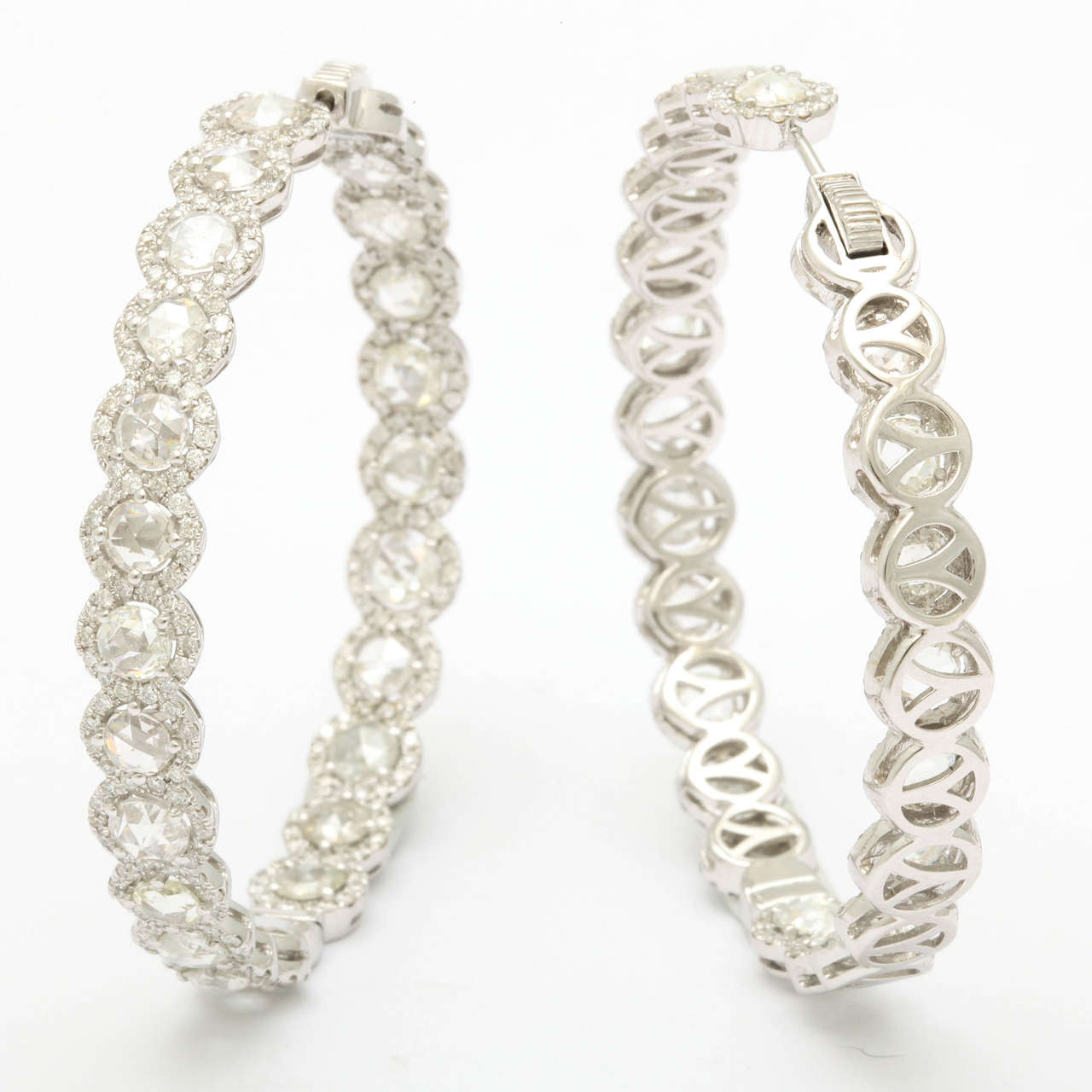 European Cut Diamond Hoops in White Gold For Sale 1