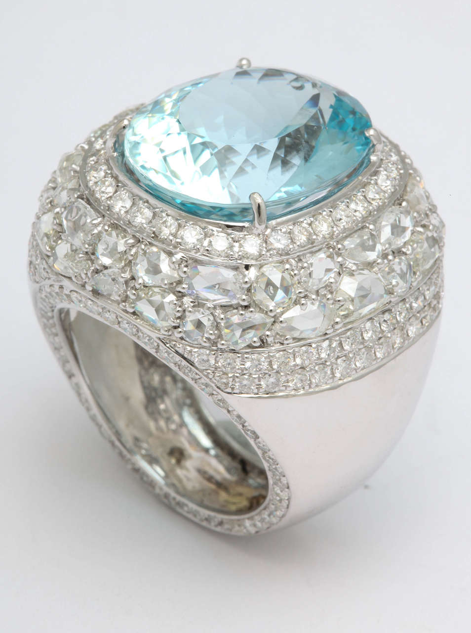 Cushion Cut Exquisite Aquamarine Rose Cut Diamond Gold Dome Ring For Sale