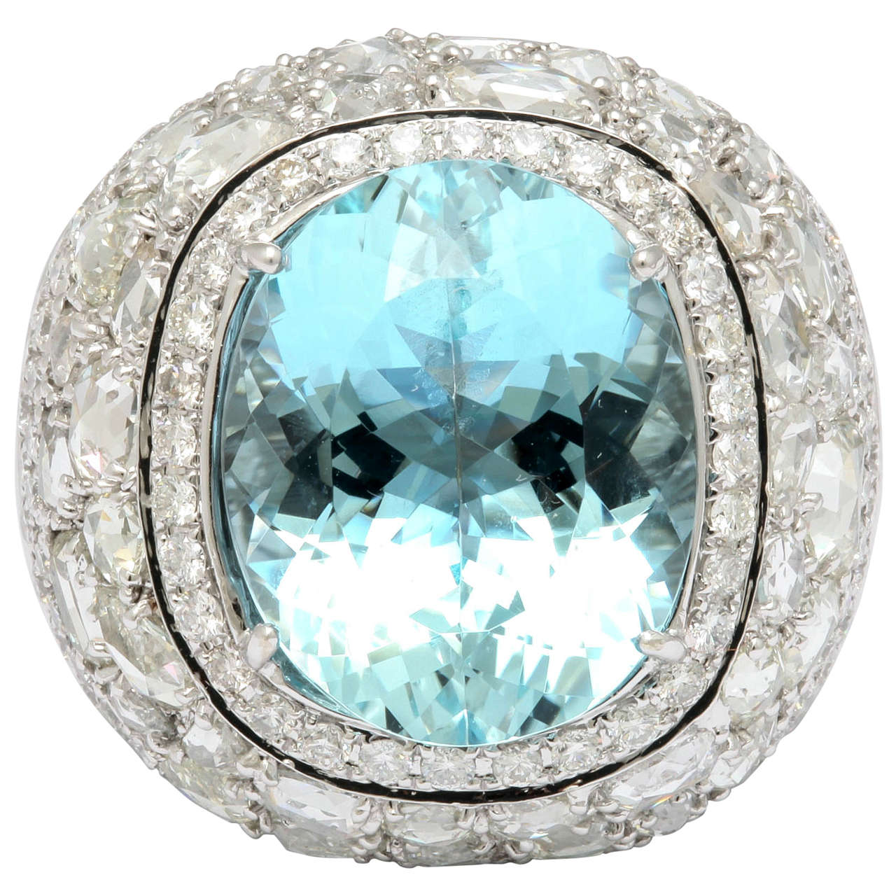 Exquisite Aquamarine Rose Cut Diamond Gold Dome Ring For Sale