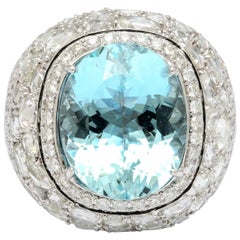 Exquisite Aquamarine Rose Cut Diamond Gold Dome Ring