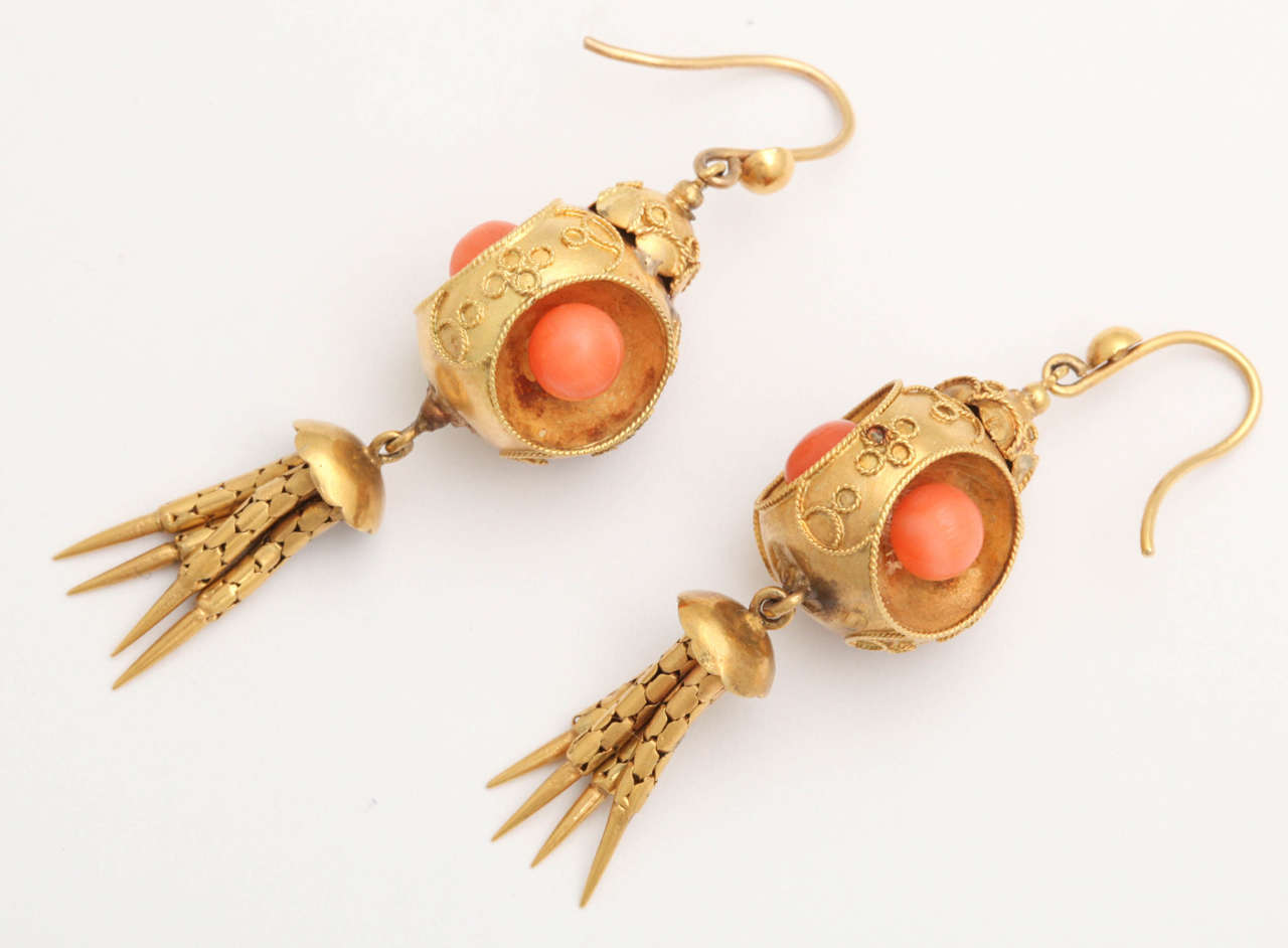 Ball Cut Victorian Coral 18k Gold Tassel Earrings, circa 1870 For Sale