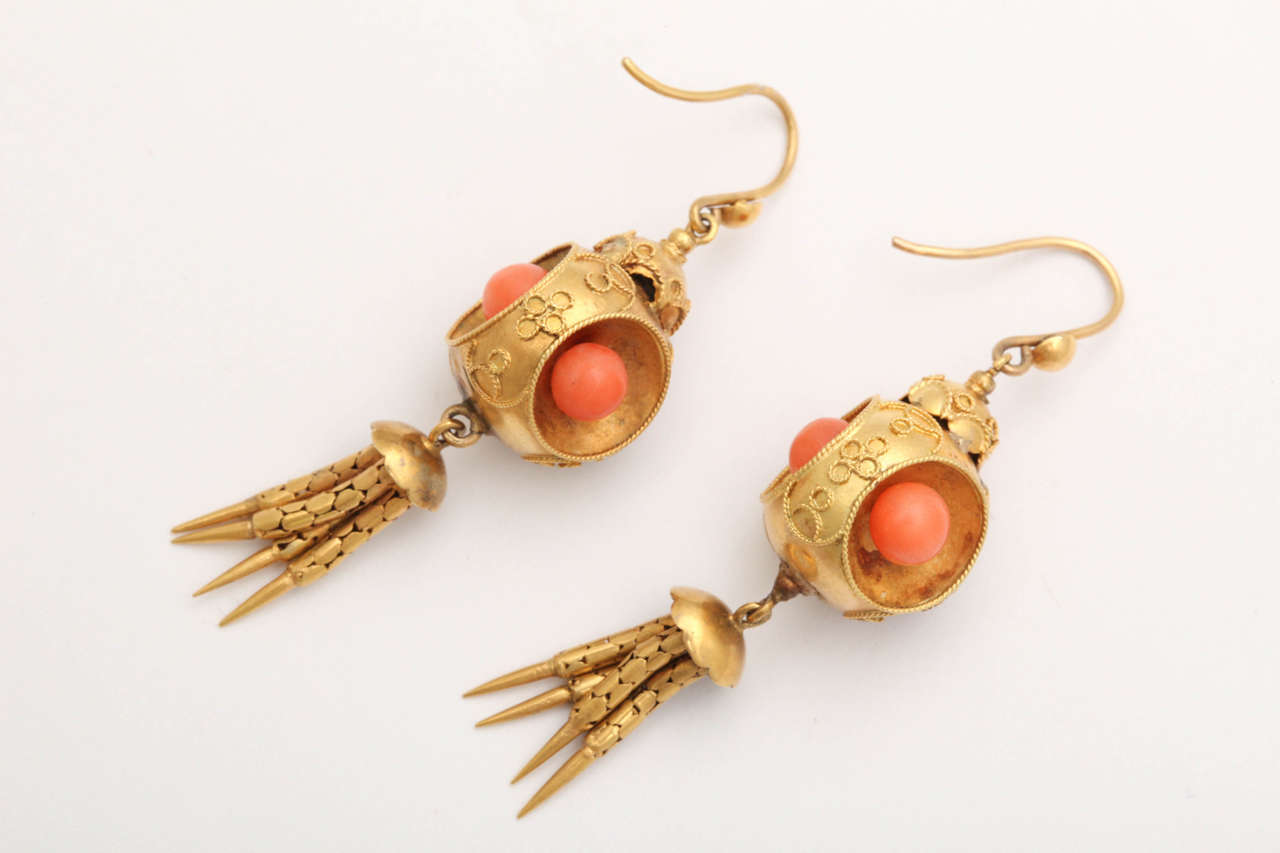 Victorian Coral 18k Gold Tassel Earrings, circa 1870 For Sale 1