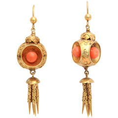 Victorian Coral 18k Gold Tassel Earrings, circa 1870