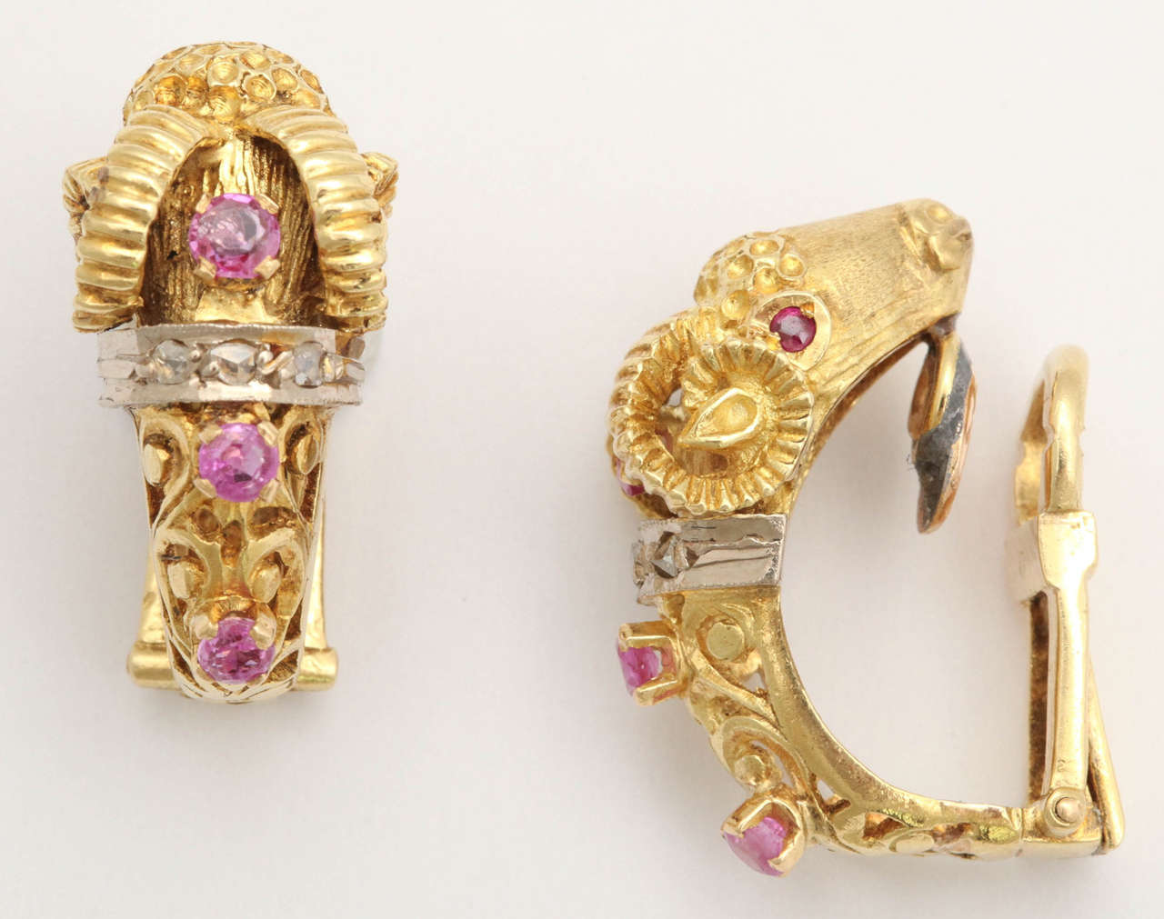 Contemporary Greek Ruby Diamond Gold Ram's Head Earrings, 20th century