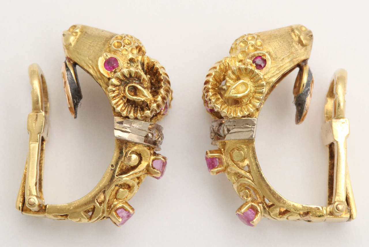 Round Cut Greek Ruby Diamond Gold Ram's Head Earrings, 20th century