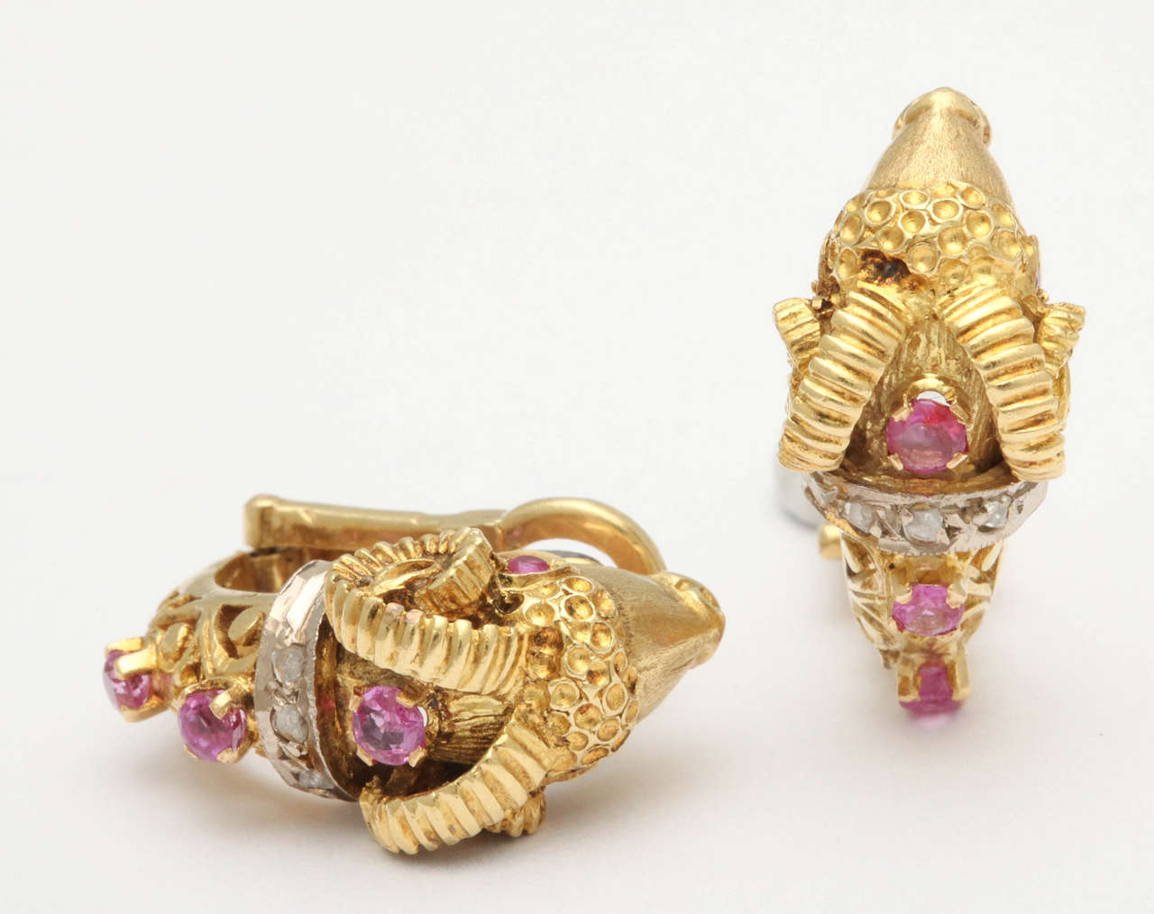 Women's Greek Ruby Diamond Gold Ram's Head Earrings, 20th century