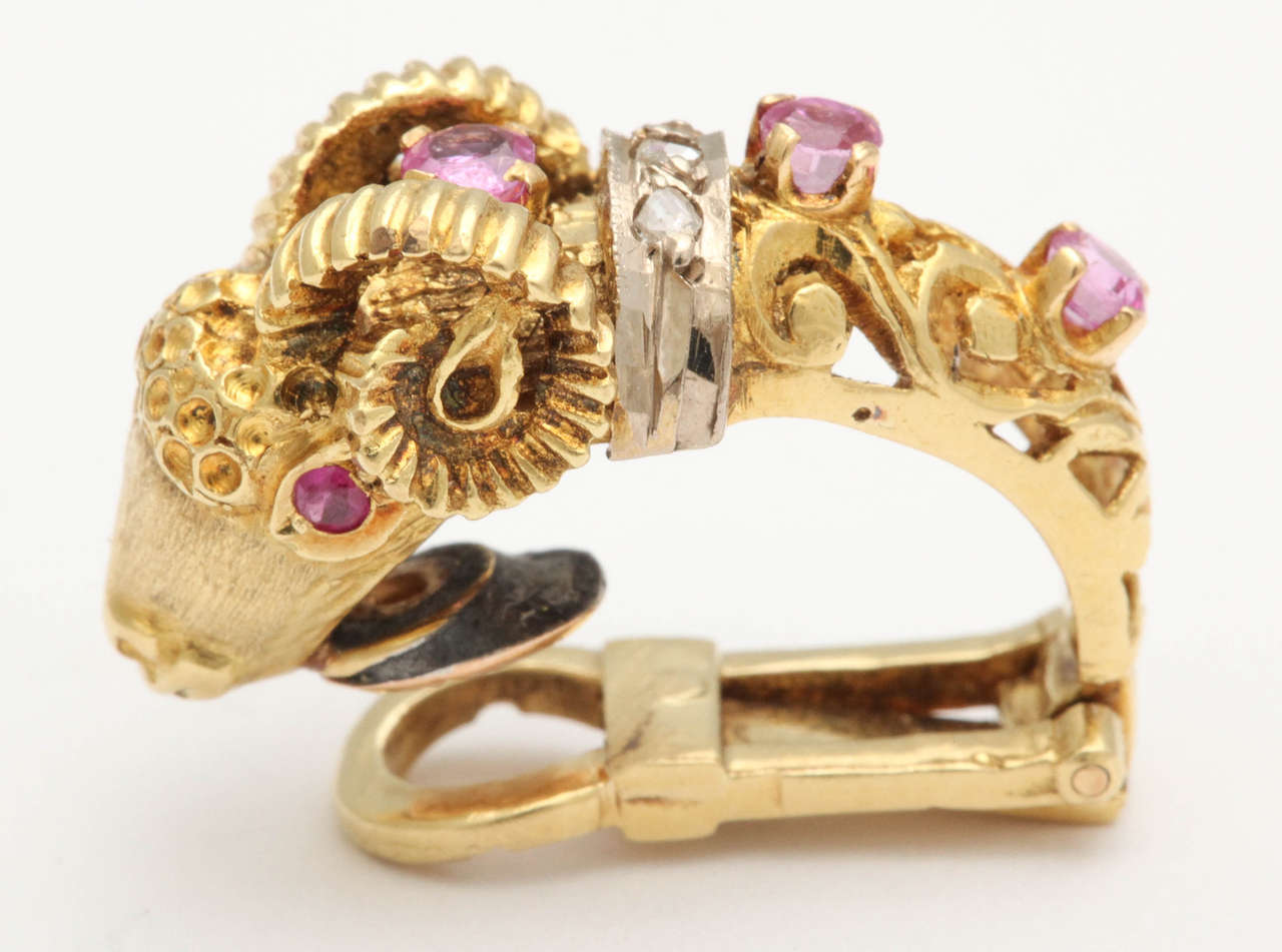 Greek Ruby Diamond Gold Ram's Head Earrings, 20th century 1