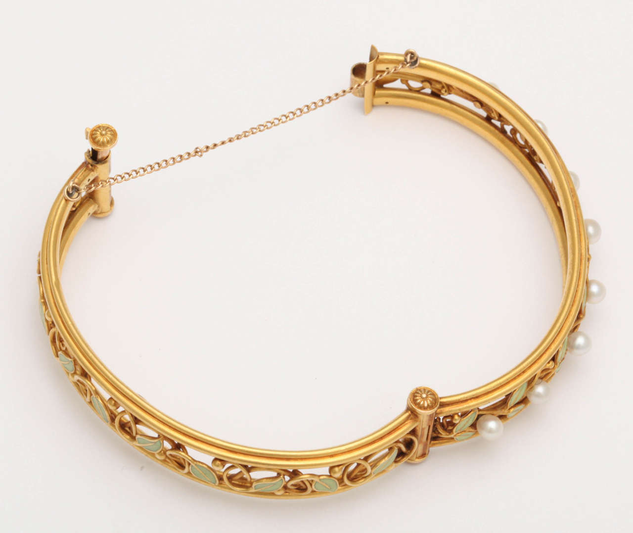 Women's Arts and Crafts Enamel Pearl 18k Gold Bangle Bracelet, circa 1910