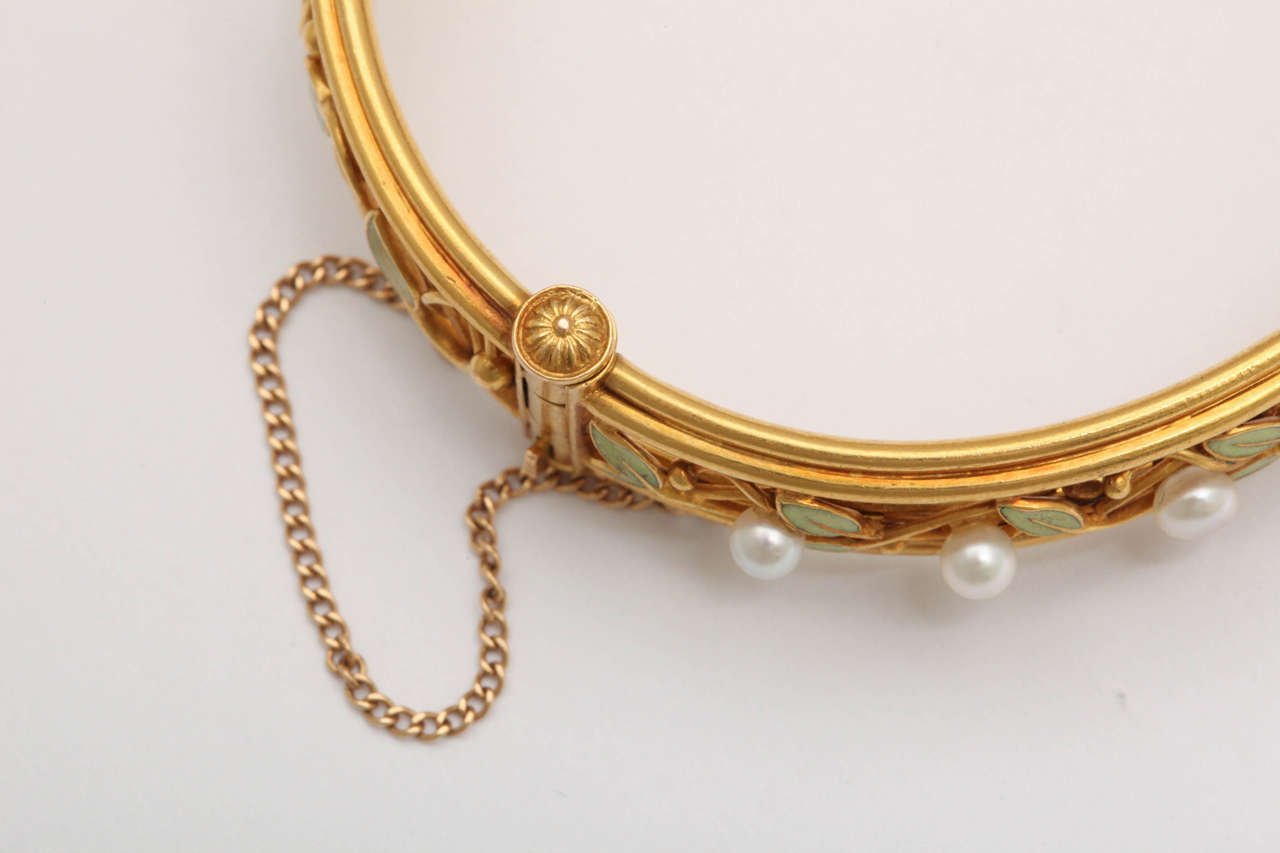 Arts and Crafts Enamel Pearl 18k Gold Bangle Bracelet, circa 1910 1