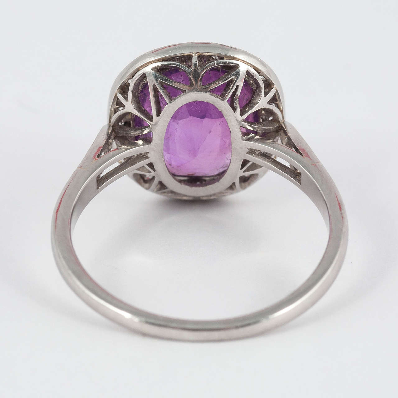 Pink Ceylon Sapphire Diamond Platinum Cluster Ring In Excellent Condition For Sale In London, GB