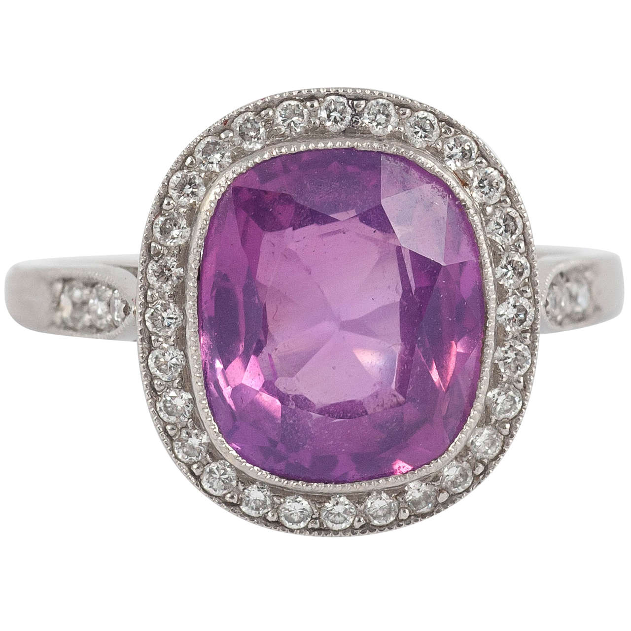 Pink Ceylon Sapphire Diamond Platinum Cluster Ring For Sale