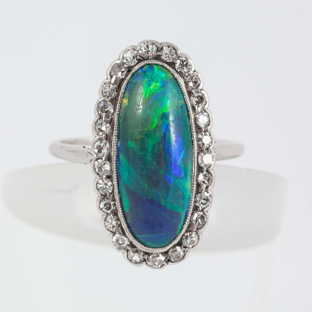 Edwardian Fine Opal Diamond Platinum Cluster Ring For Sale