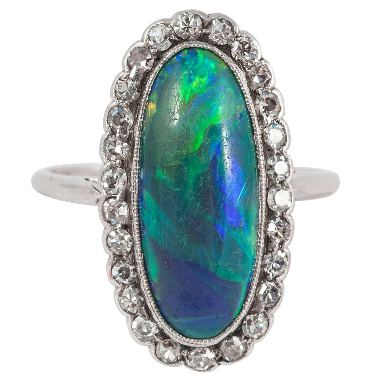 Fine Opal Diamond Platinum Cluster Ring For Sale