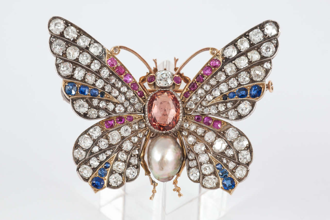 Large Victorian Pearl Silver Gold Butterfly Pin For Sale 4