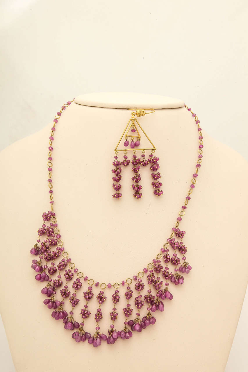 Ruby Bead and Briolette Dangling Necklace and Earrings Set In New Condition For Sale In TRYON, NC
