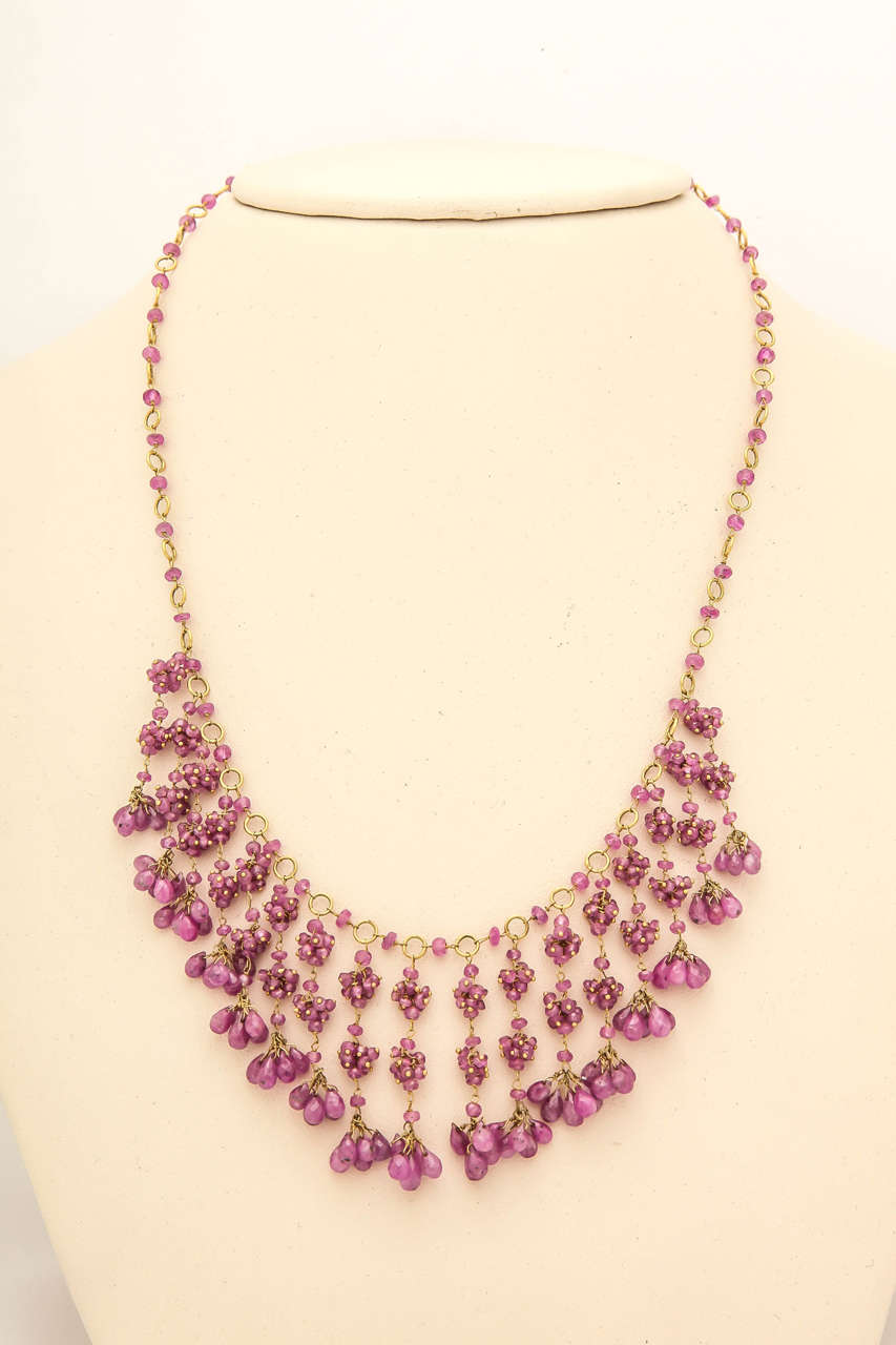 Women's Ruby Bead and Briolette Dangling Necklace and Earrings Set For Sale